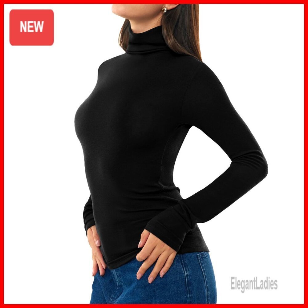 Merino Wool Blend Turtleneck Long Sleeve Fitted Top Cozy Basic Tee